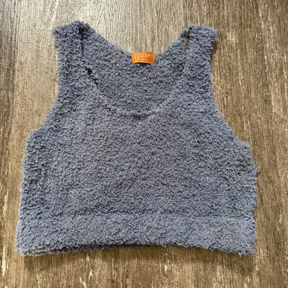 POL Tank Top Womens Large Blue Fuzzy Shaggy Popcorn Knit Crop Scoop Neck